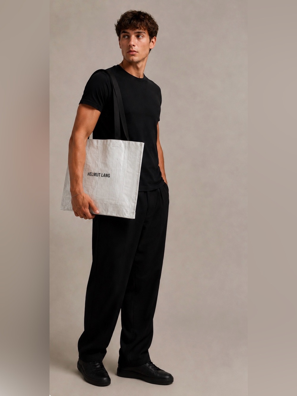 Helmut Lang Large White Laminated Woven Logo Shopping Tote Black Handles Unused